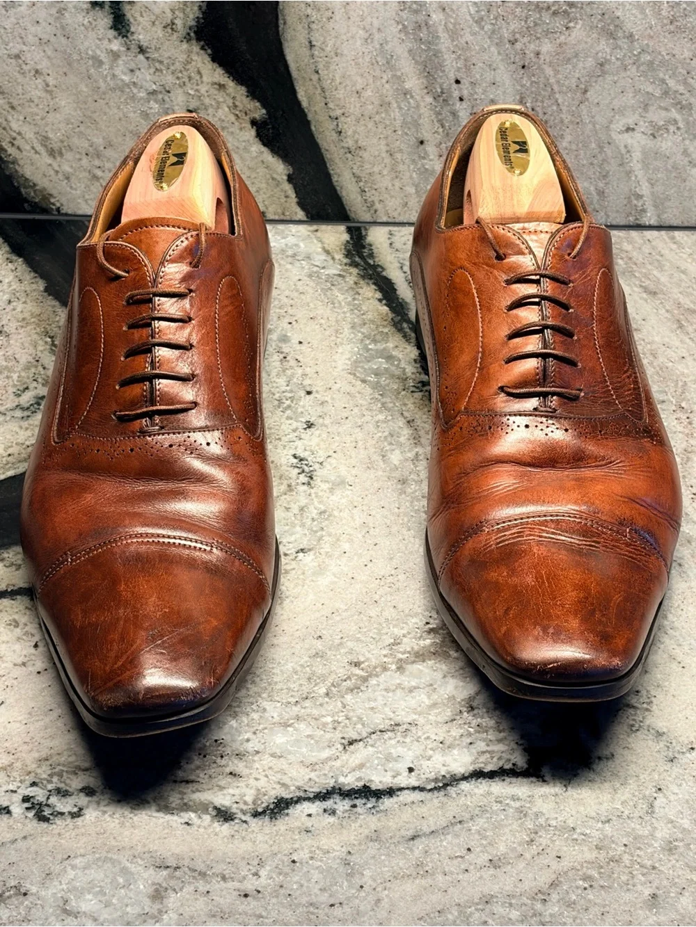 Santoni Men’s 12.5 US Brown Leather Cap Toe Oxford Dress Shoes Italy 11.5 UK